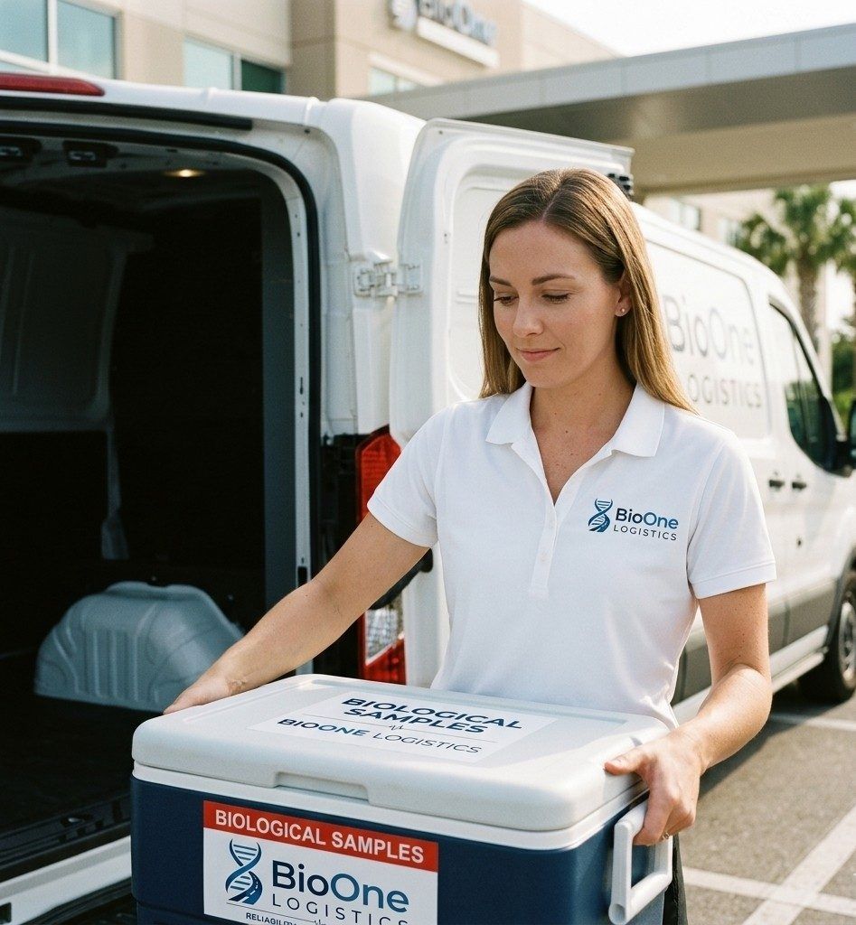 BioOne courier carrying a biological samples cooler from a branded van